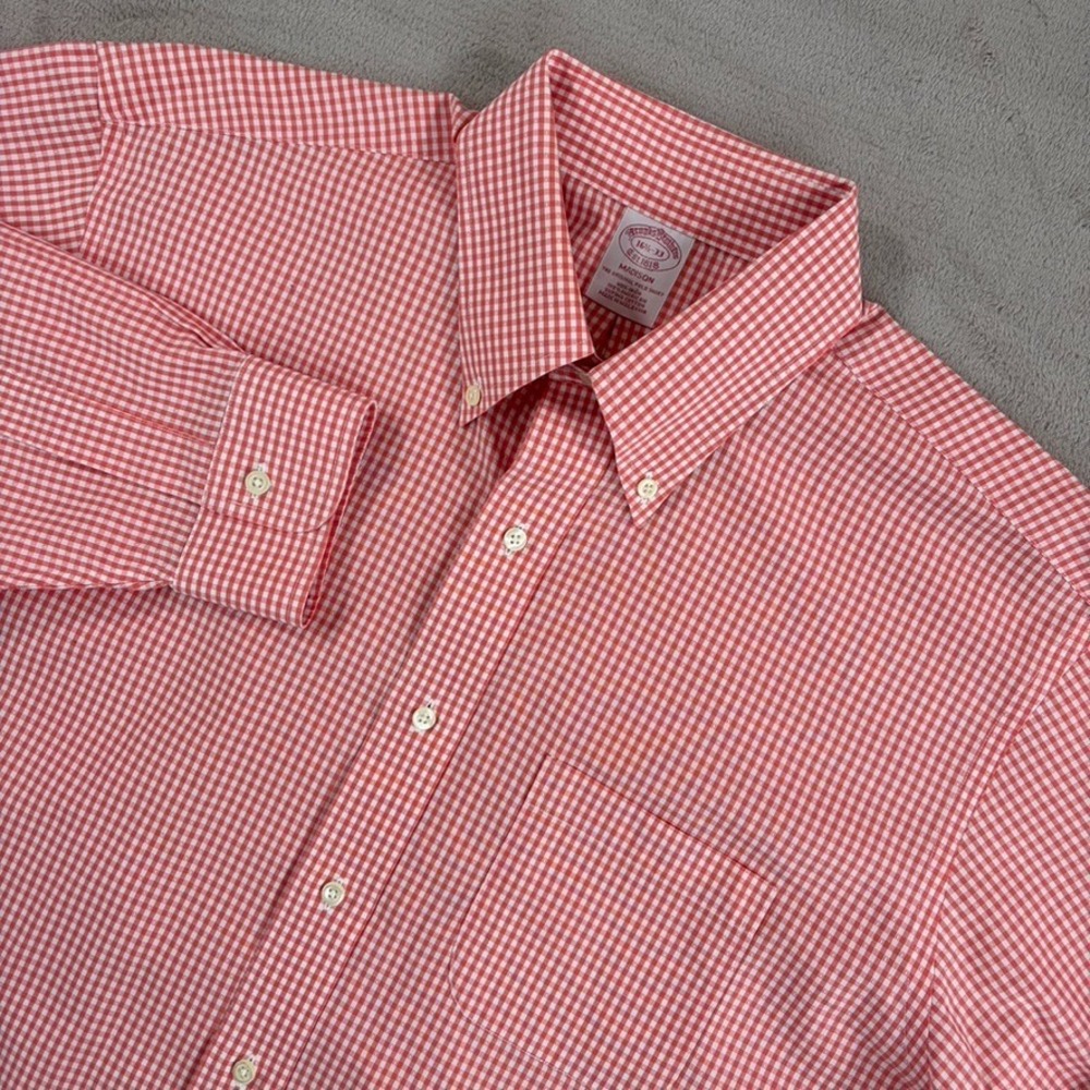 Brooks Brothers Madison Shirt Men 16.5 33 Orange Check Button Up Casual Office